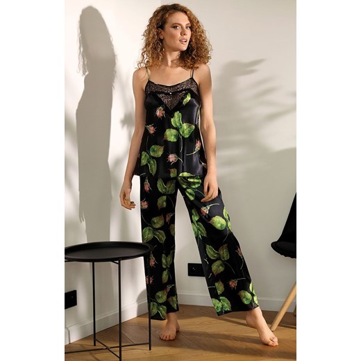 Flowers piżama satynowa KC 008, Kolor czarno-zielony, Rozmiar XS, DKaren ze sklepu Intymna w kategorii Piżamy damskie - zdjęcie 140671947