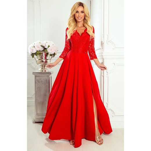 309-3 AMBER koronkowa długa sukienka, Kolor czerwony, Rozmiar M, Numoco Numoco S okazja Primodo