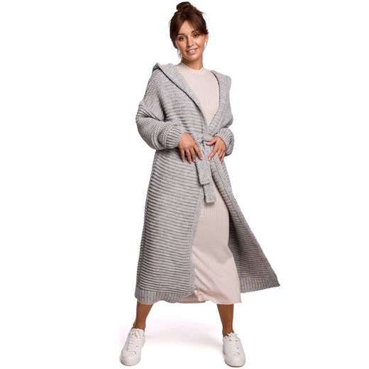 Długi kardigan damski sweter z wełną BK054, Kolor szary, Rozmiar uniwersalny, BE Knit ze sklepu Primodo w kategorii Swetry damskie - zdjęcie 140691529