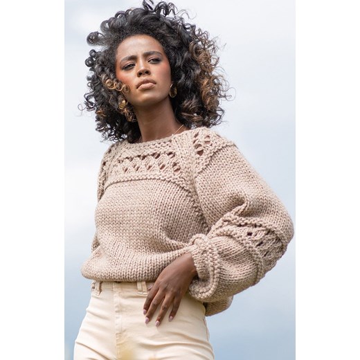 F1260 Sweter Chunky Knit z wełną i alpaką, Kolor mocca, Rozmiar S/M, Fobya Fobya L/XL promocja Primodo