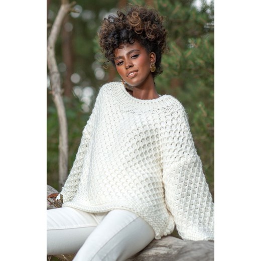 F1262 Sweter Chunky Knit z wełną i alpaką, Kolor ecru, Rozmiar L/XL, Fobya Fobya L/XL okazyjna cena Primodo