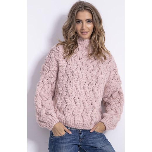 Sweter wełniany o grubym splocie w kolorze pudrowego różu F839, Kolor róż pudrowy, Rozmiar S/M, Fobya ze sklepu Primodo w kategorii Swetry damskie - zdjęcie 140695959