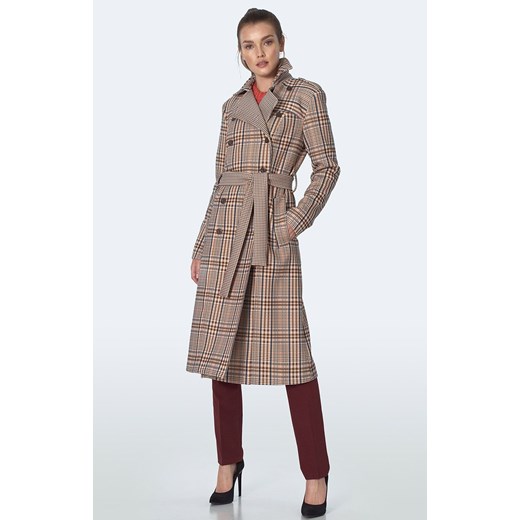 Dwurzędowy płaszcz z paskiem w beżową kratę PL10, Kolor beżowy-wzór, Rozmiar 40, Nife ze sklepu Primodo w kategorii Płaszcze damskie - zdjęcie 140705888
