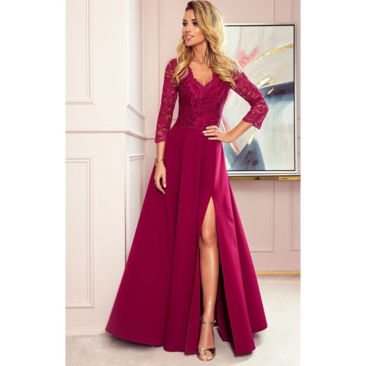 309-1 AMBER elegancka koronkowa długa suknia z dekoltem, Kolor bordowy, Rozmiar Numoco M Primodo
