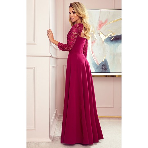 309-1 AMBER elegancka koronkowa długa suknia z dekoltem, Kolor bordowy, Rozmiar Numoco 2XL Primodo