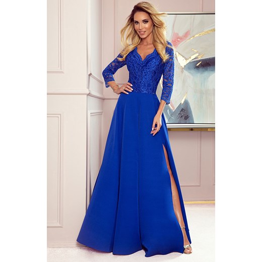 309-2 AMBER elegancka koronkowa długa suknia z dekoltem, Kolor chabrowy, Rozmiar Numoco XL Primodo