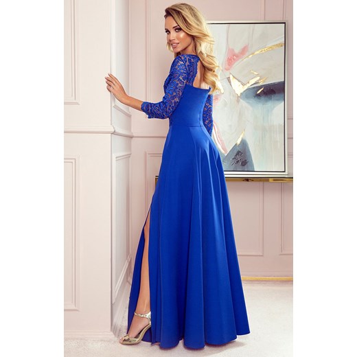 309-2 AMBER elegancka koronkowa długa suknia z dekoltem, Kolor chabrowy, Rozmiar Numoco M Primodo