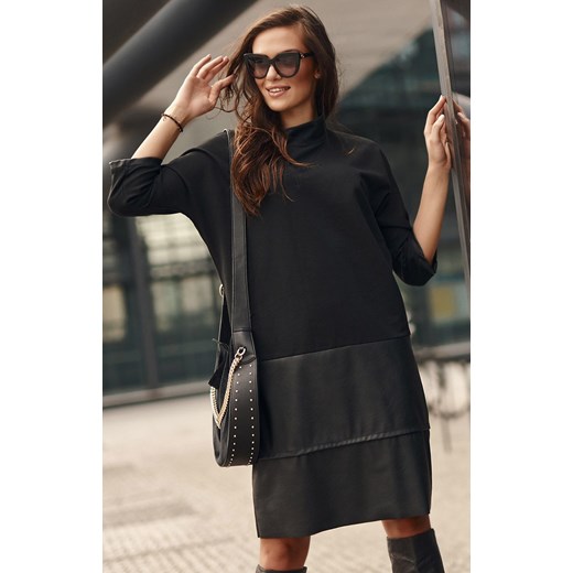 Dresowa sukienka oversize z elementami ekoskóry NU318, Kolor czarny, Rozmiar Numinou S/M Primodo