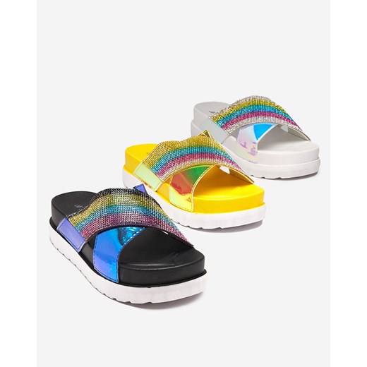 Białe damskie klapki holograficzne z cekinami Yalay- Obuwie Royalfashion.pl 38 royalfashion.pl