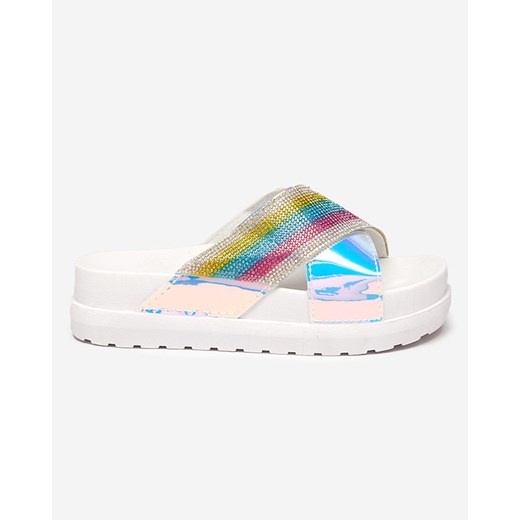 Białe damskie klapki holograficzne z cekinami Yalay- Obuwie Royalfashion.pl 36 royalfashion.pl