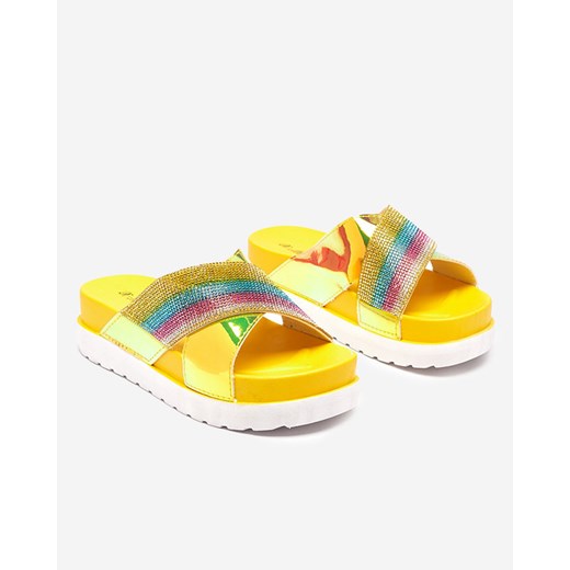 Żółte damskie klapki holograficzne z cekinami Yalay- Obuwie Royalfashion.pl 40 royalfashion.pl