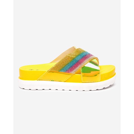 Żółte damskie klapki holograficzne z cekinami Yalay- Obuwie Royalfashion.pl 40 royalfashion.pl