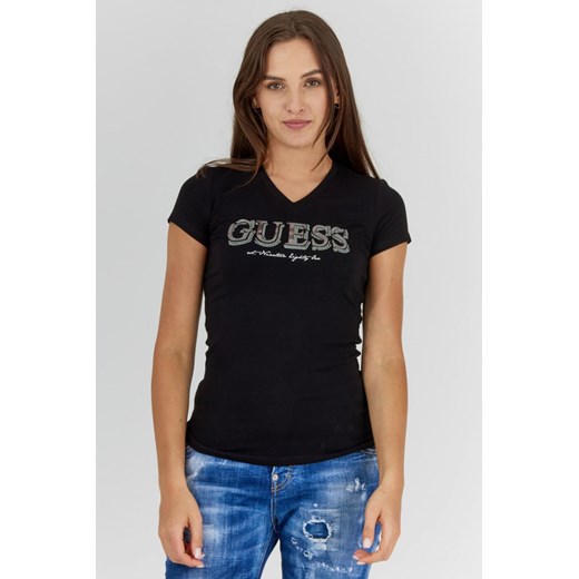 GUESS - Czarny t-shirt damski z metalicznym logo i cyrkoniami Guess M okazyjna cena outfit.pl