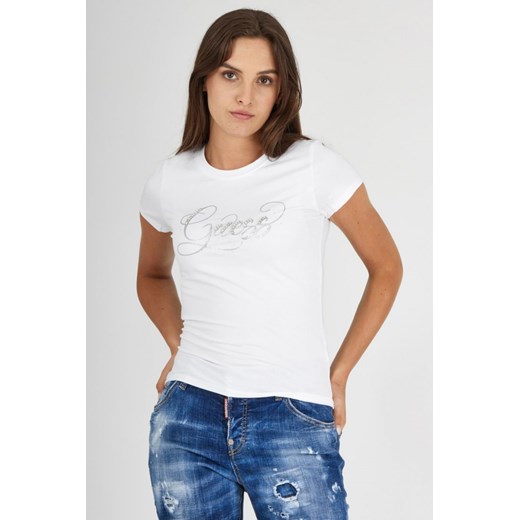 GUESS - Biały t-shirt damski z brokatowym logo Guess M okazja outfit.pl