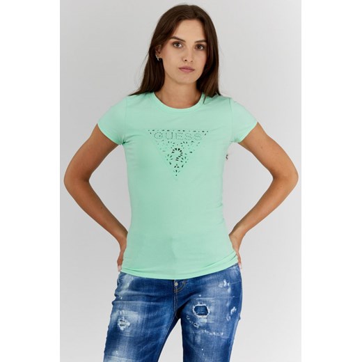 GUESS - Zielony T-shirt damski z ażurowym logo Guess L promocyjna cena outfit.pl