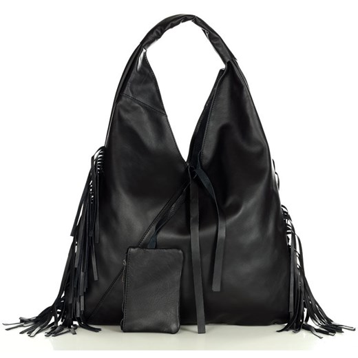 Torba skórzana z frędzlami shopper bag smooth leather MARCO MAZZINI czarny Mazzini uniwersalny wyprzedaż Verostilo