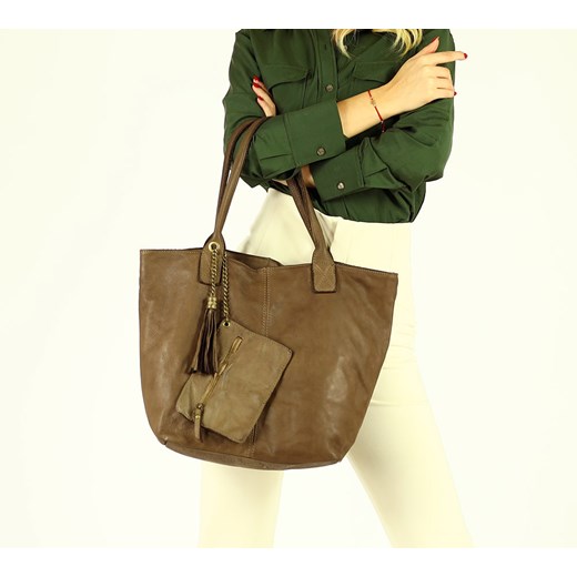 MARCO MAZZINI Torebka shopper bag z portfelem geniune leather ciemny beż khaki uniwersalny Verostilo