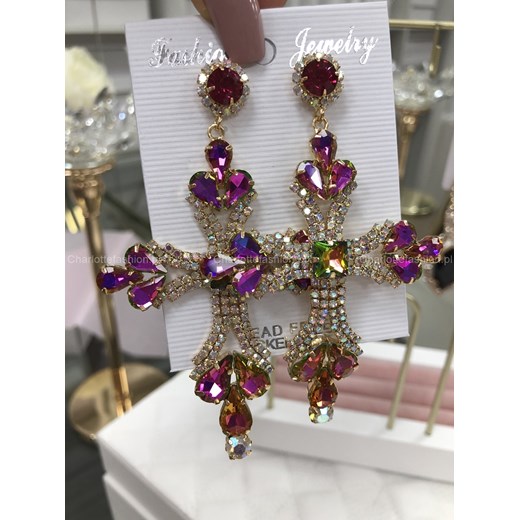 Kolczyki krzyże złote z różowymi opalizującymi kryształkami Royal KL011 Fashion Jewelry Uniwersalny Charlotte Fashion