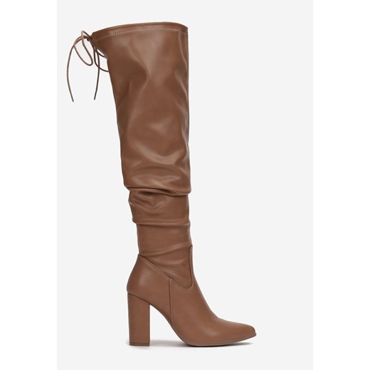 Brązowe kozaki damskie Born2be za kolano eleganckie na obcasie 