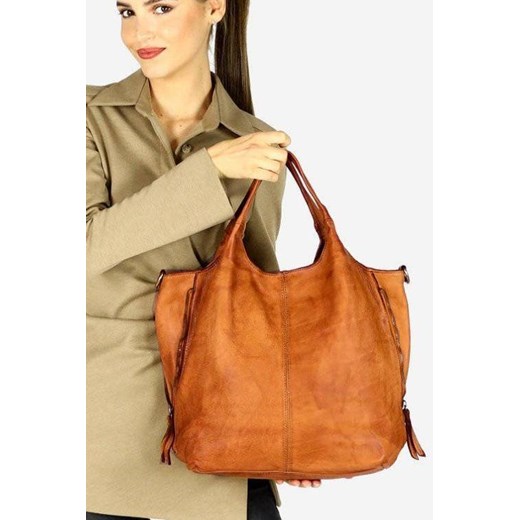 CARMEN Włoska Pojemna torebka shopper bag z rozpinanymi bokami - camel Merg one size wyprzedaż merg.pl