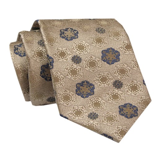 Męski Krawat - ALTIES - Klasyczny - Beżowy w Granatowe Motywy Kwiatowe KRALTS0711 ze sklepu JegoSzafa.pl w kategorii Krawaty - zdjęcie 142461847