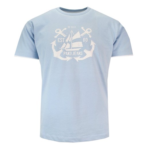 T-shirt Bawełniany z Krótkim Rękawem, Błękitny Męski z Nadrukiem, U-neck -PAKO JEANS TSPJNS9SHIPbl ze sklepu JegoSzafa.pl w kategorii T-shirty męskie - zdjęcie 142650355
