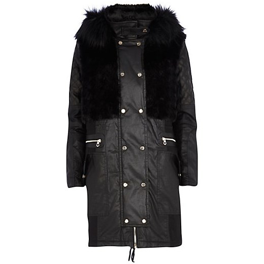 Black coated faux fur parka jacket river-island czarny kurtki