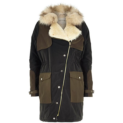 Khaki faux fur collar hooded parka jacket river-island czarny kurtki