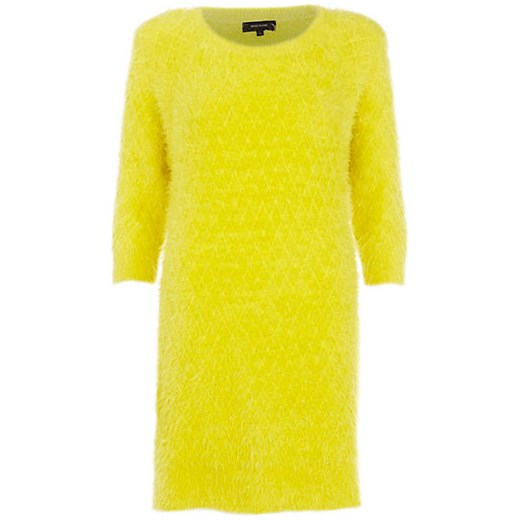 Yellow fluffy knitted 3/4 sleeve dress river-island zielony 