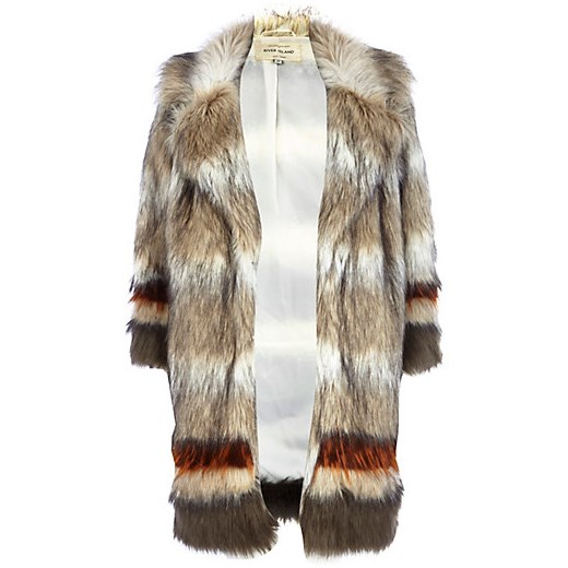 Beige stripe faux fur coat river-island szary płaszcz