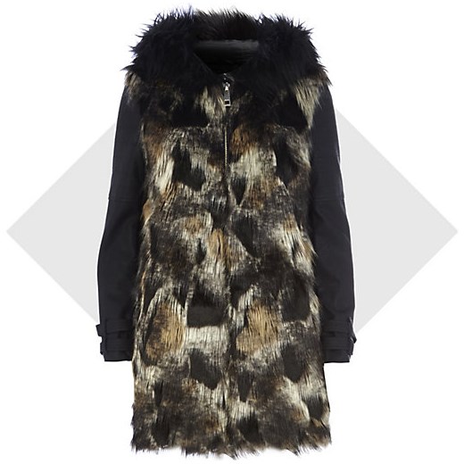 Black faux fur contrast sleeve coat river-island czarny płaszcz