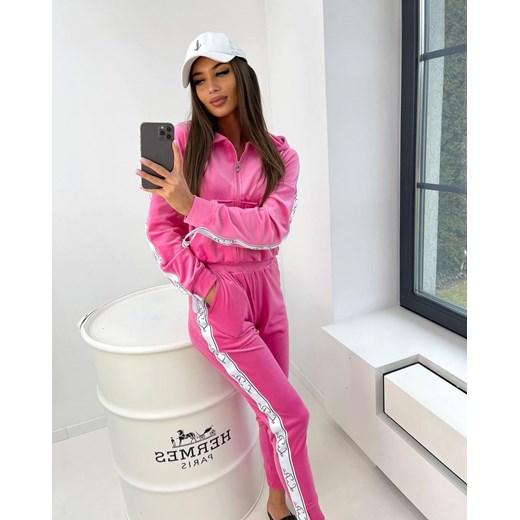 klasyczny welurowy dres premium la perla z lampasami bluza+spodnie - fuksja ze sklepu STYLOWO w kategorii Dresy damskie - zdjęcie 143406108