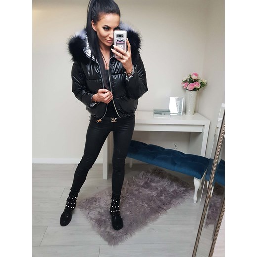 DWUSTRONNA ZIMOWA KURTKA PERFECT Z KAPTUREM I FUTREM CZARNO-SREBRNA Etnee L STYLOWO