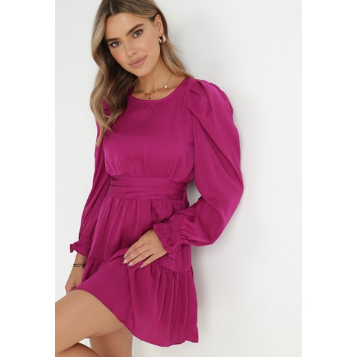 Fioletowa Sukienka Taliowana z Falbanami Klasino ze sklepu Born2be Odzież w kategorii Sukienki - zdjęcie 143480828