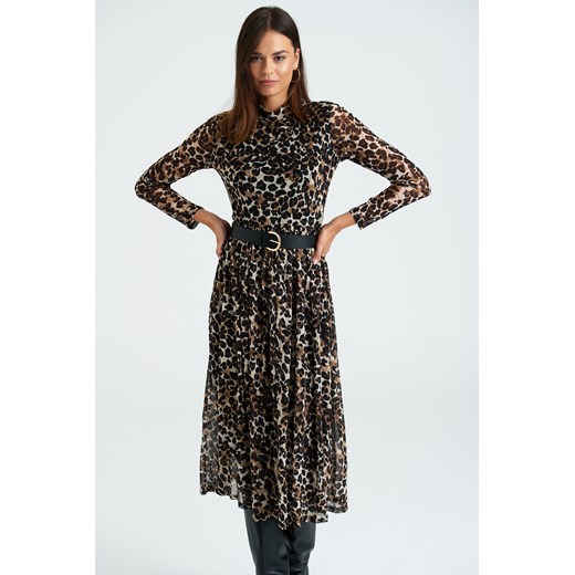 Brązowo-czarna sukienka z półgolfem, nadruk w cętki Greenpoint 34 Greenpoint.pl