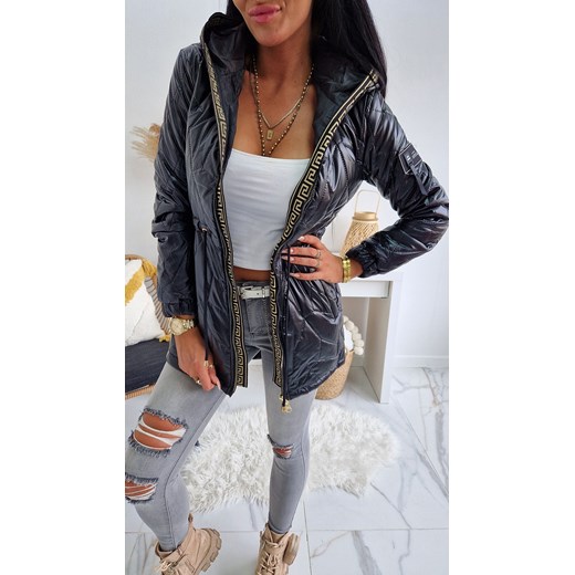 JESIENNA LAKIEROWANA KURTKA PARKA LUCJA Z KAPTUREM - CZARNA S West M STYLOWO