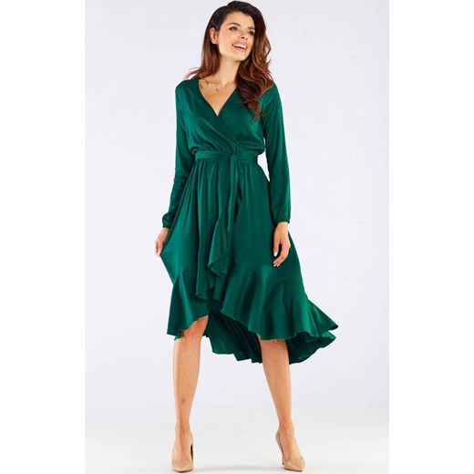 Asymetryczna sukienka damska kopertowa zielona A456, Kolor zielony, Rozmiar S, Awama ze sklepu Primodo w kategorii Sukienki - zdjęcie 143765087