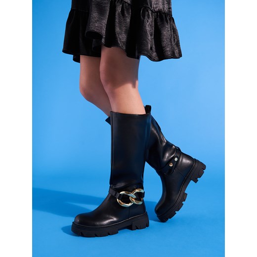 czarne kozaki damskie z łańcuszkiem shelovet ze skóry ekologicznej 40 czasnabuty.pl