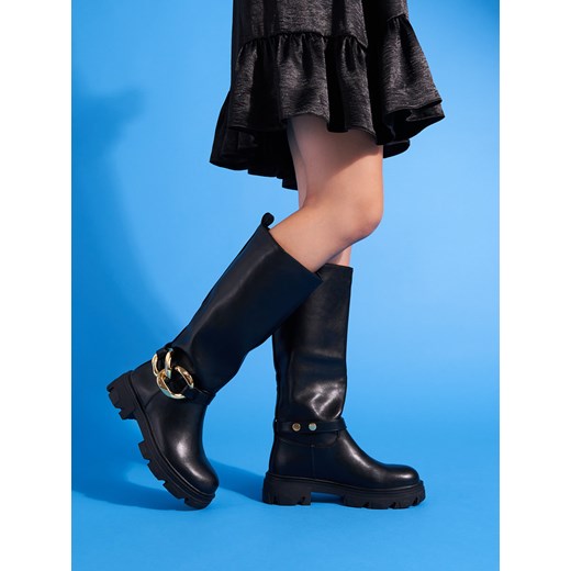 czarne kozaki damskie z łańcuszkiem shelovet ze skóry ekologicznej 36 czasnabuty.pl