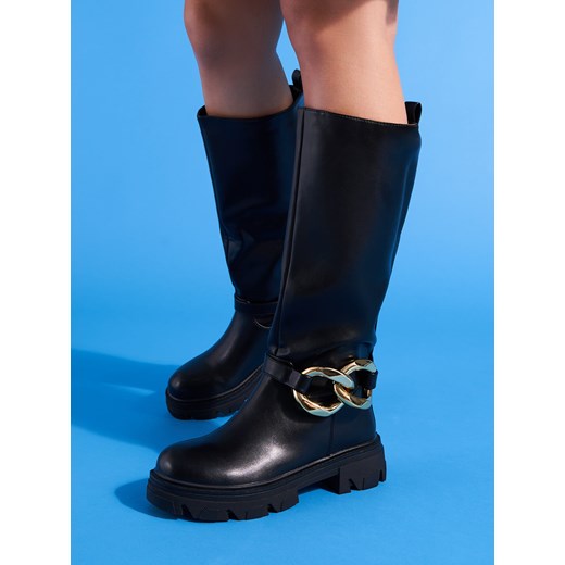 czarne kozaki damskie z łańcuszkiem shelovet ze skóry ekologicznej 39 czasnabuty.pl