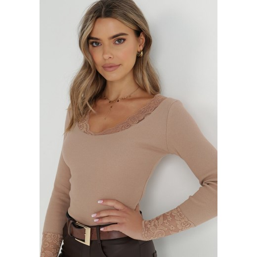 Beżowa Bluzka z Prążkowanej Dzianiny z Koronką Sinar ONE SIZE okazja Born2be Odzież