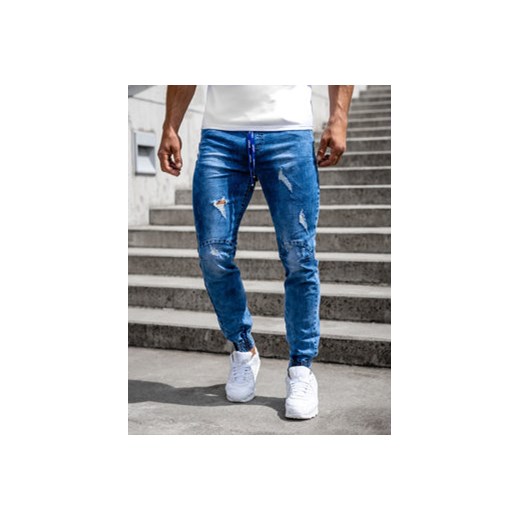Niebieskie spodnie jeansowe joggery męskie Denley TF264 L promocja Denley