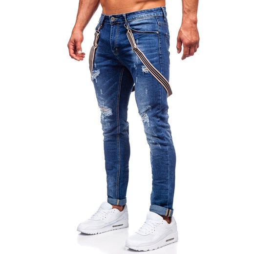 Granatowe spodnie jeansowe męskie slim fit z szelkami Denley KS2056 38/2XL promocja Denley