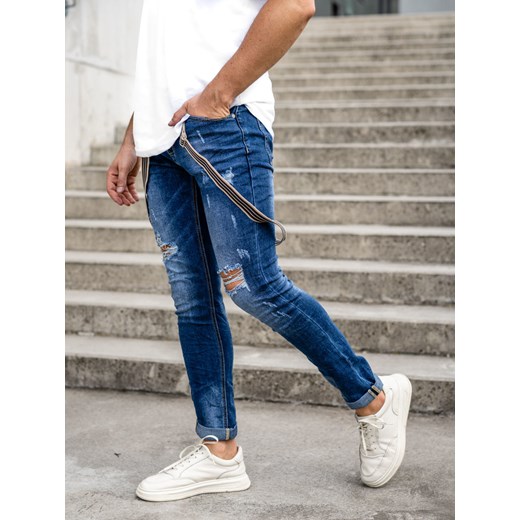 Granatowe spodnie jeansowe męskie slim fit z szelkami Denley KS2056 31/M okazja Denley