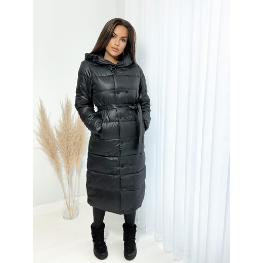 jesienno - zimowy długi płaszcz matowy ramona z paskiem - czarny ze sklepu STYLOWO w kategorii Płaszcze damskie - zdjęcie 144281406