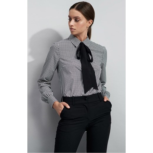 Bluzka koszulowa z kokardą w romby b145, Kolor czarny-wzór, Rozmiar 36, Nife Nife 44 Primodo