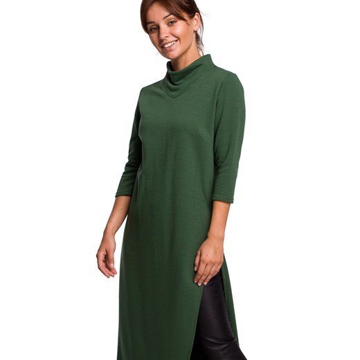 Długa tunika sportowa z wysokim kołnierzem i rozcięciem zielona Be XL Sukienki.shop
