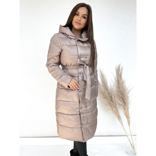 jesienno - zimowy długi płaszcz matowy ramona z paskiem - perłowy beż ze sklepu STYLOWO w kategorii Płaszcze damskie - zdjęcie 144441375