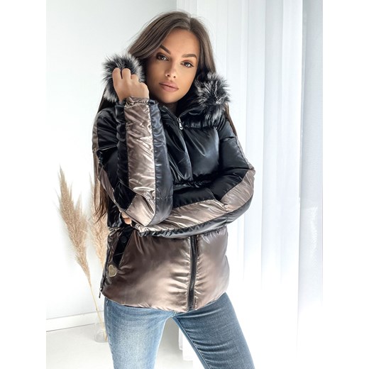 kurtka zimowa letica gold and black z kapturem oraz futrem ze sklepu STYLOWO w kategorii Kurtki damskie - zdjęcie 144494746