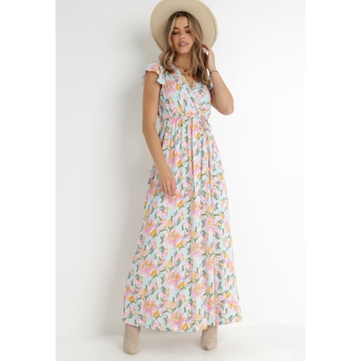 Jasnoniebieska Sukienka Kopertowa z Gumką w Pasie w Kwiaty Pive ze sklepu Born2be Odzież w kategorii Sukienki - zdjęcie 144533839